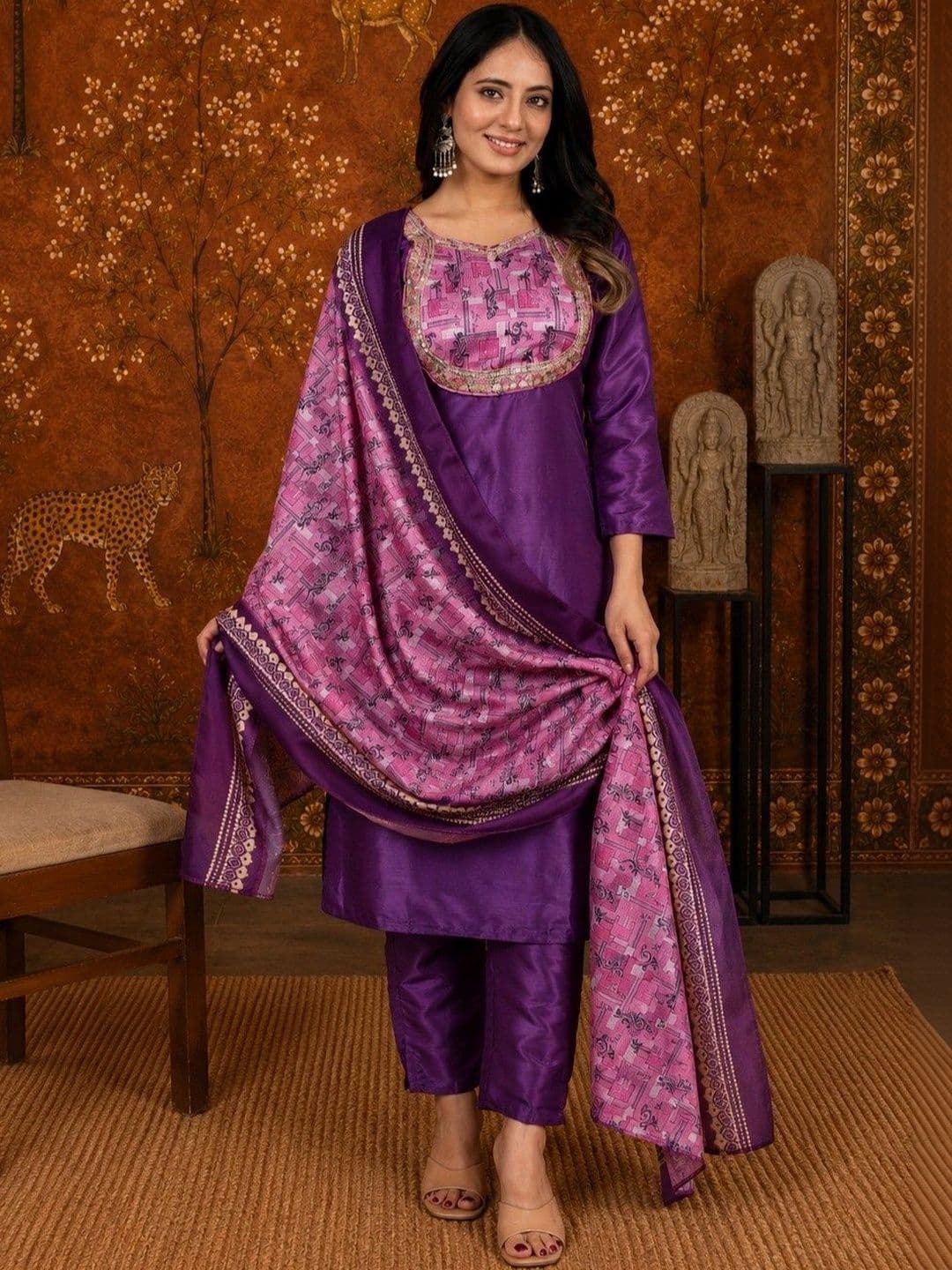 Sangria Women Printed Regular Kurta with Trousers & With Dupatta thumbnail 7