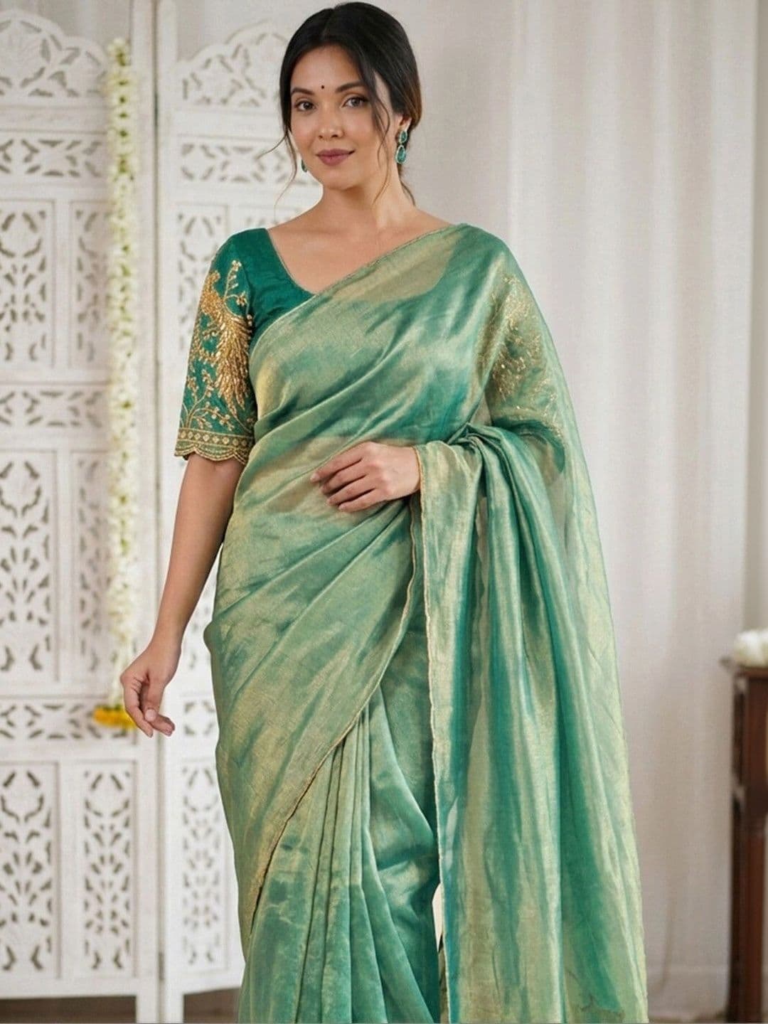 Satrani Embroidered Tissue Saree thumbnail 4