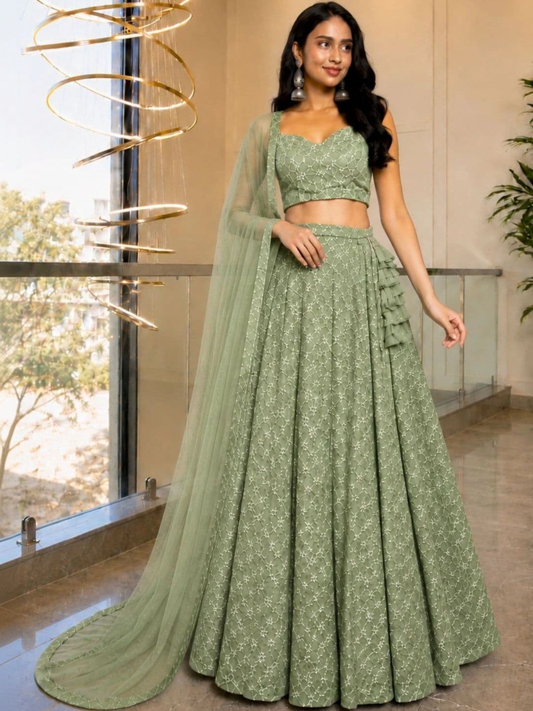 HOUSE OF JAMOTI Embroidered Thread Work Ready to Wear Lehenga & Blouse With Dupatta thumbnail 4