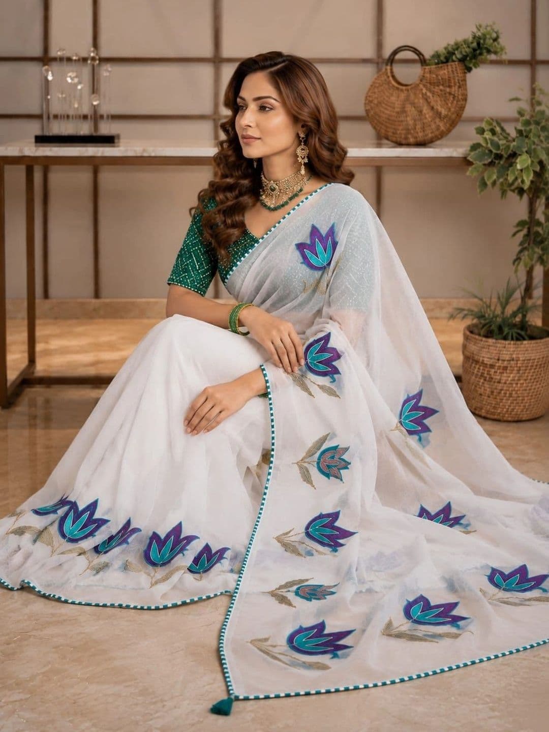 SHRIJAMYAHAM Floral Embroidered Poly Georgette Saree thumbnail 4