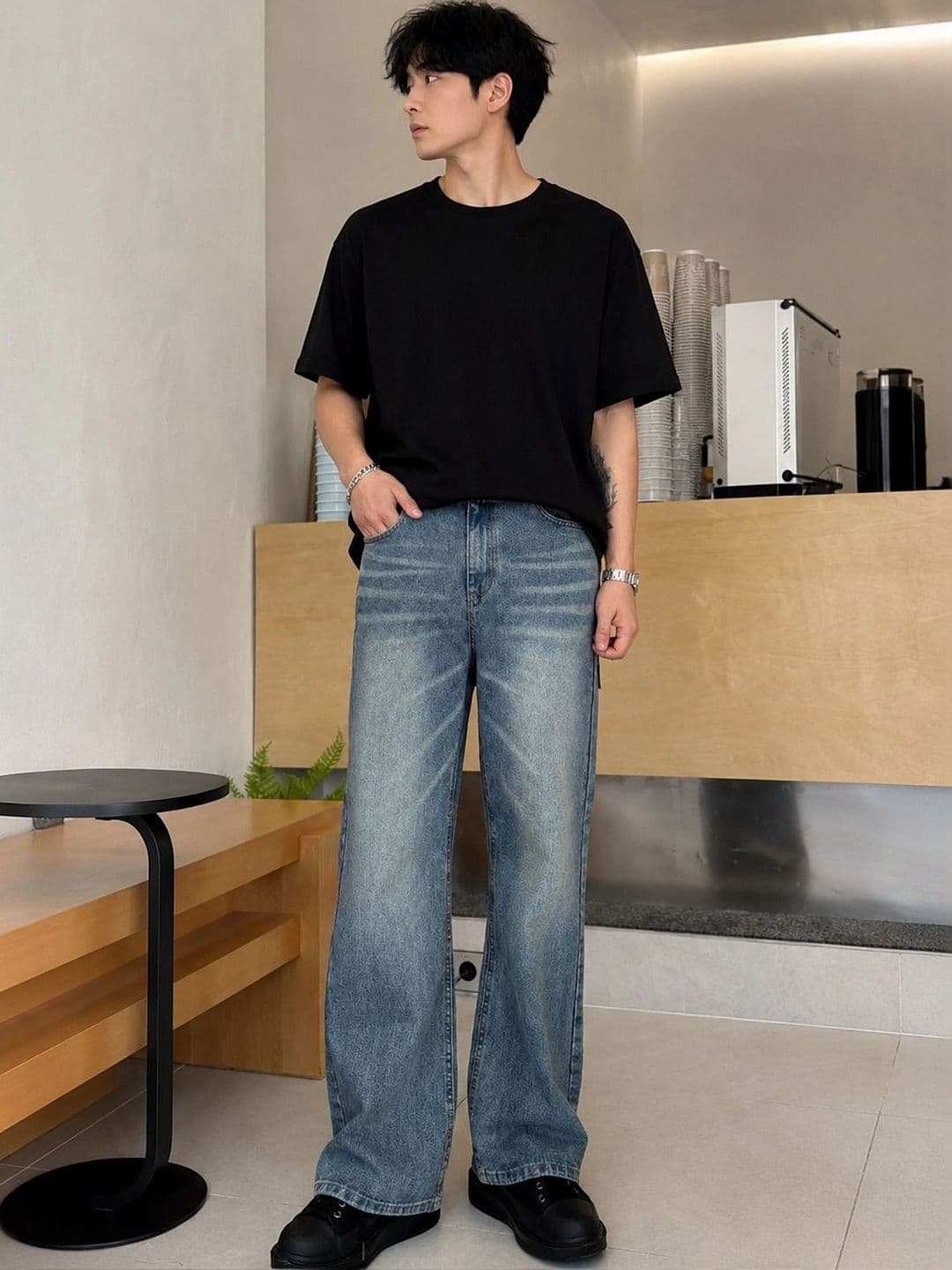 Stylecast X Kotty Men Wide Leg Mid-Rise Low Distress Stretchable Jeans thumbnail 3
