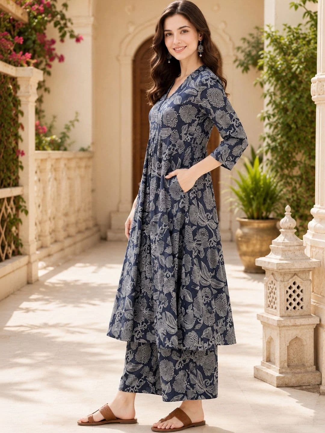 EVANORA Women Ethnic Motifs Printed Empire Kurta with Palazzos thumbnail 4