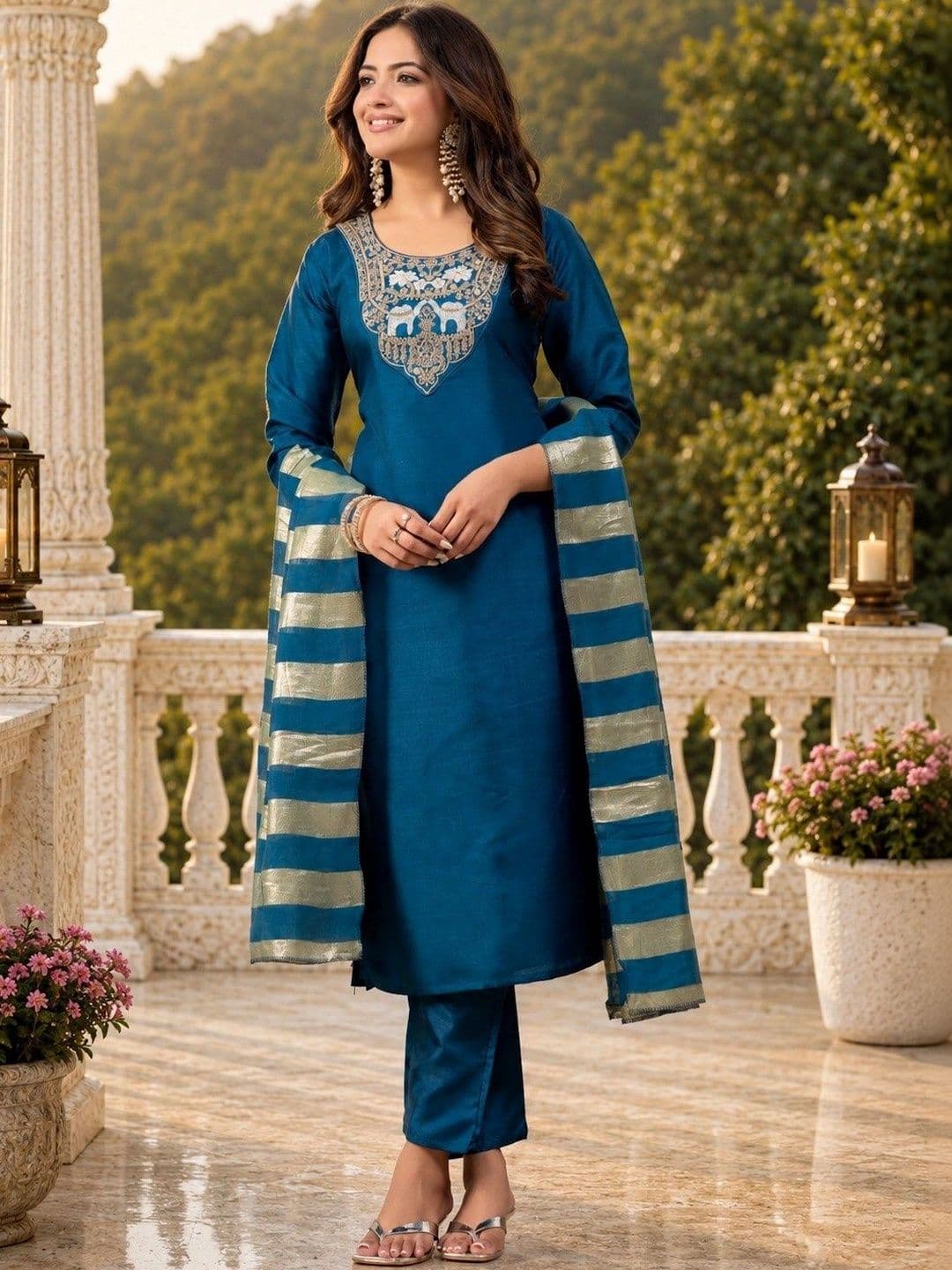 Chandbaali Women Ethnic Motifs Embroidered Regular Thread Work Kurta with Trousers & With Dupatta - view 1