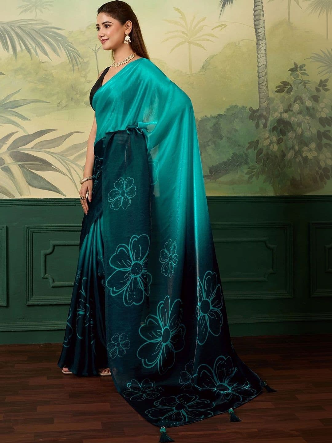 Anouk Floral Satin Designer Saree thumbnail 5