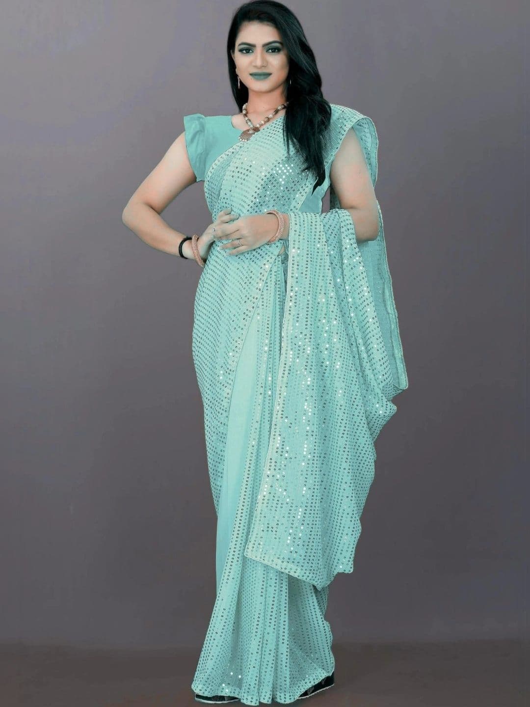 FashionsEye Embellished Sequinned Poly Georgette Designer Saree - view 1