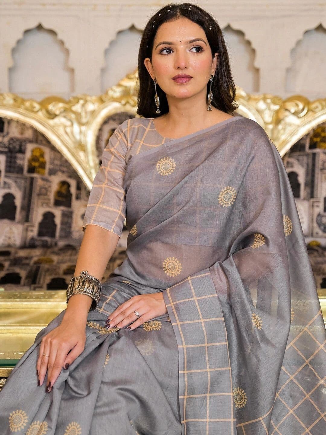 KALINI Checked Embroidered Silk Blend Saree thumbnail 3
