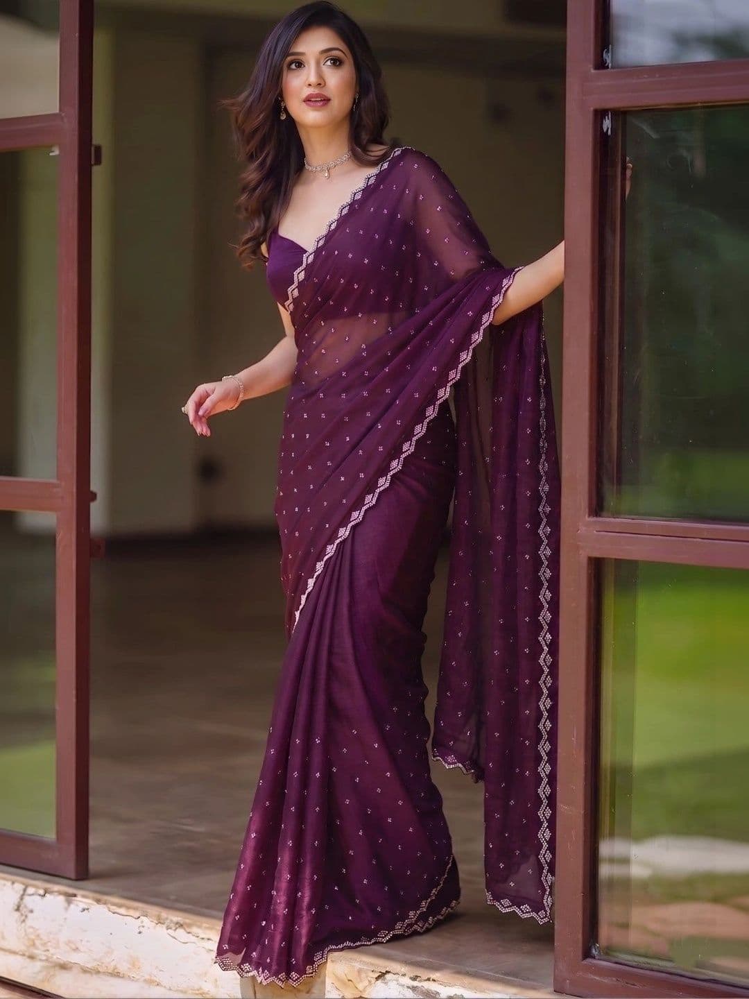 BHOJAL CREATION Beads and Stones Silk Blend Heavy Work Saree thumbnail 3