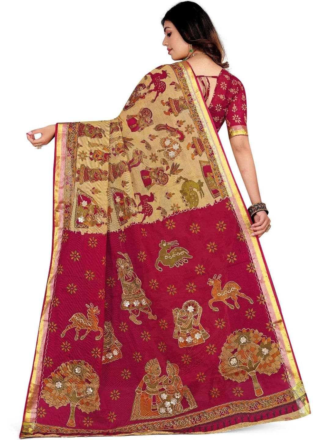 SONARIKA CREATION Kalamkari Zari Pure Cotton Heavy Work Block Print Saree thumbnail 7