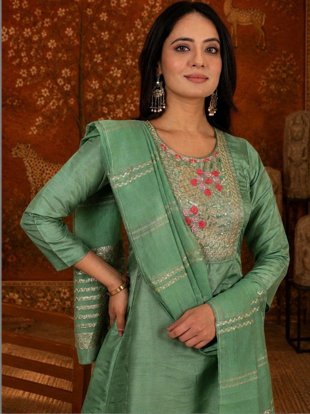 Sangria Women Floral Embroidered Empire Sequinned Kurta with Trousers & With Dupatta thumbnail 3