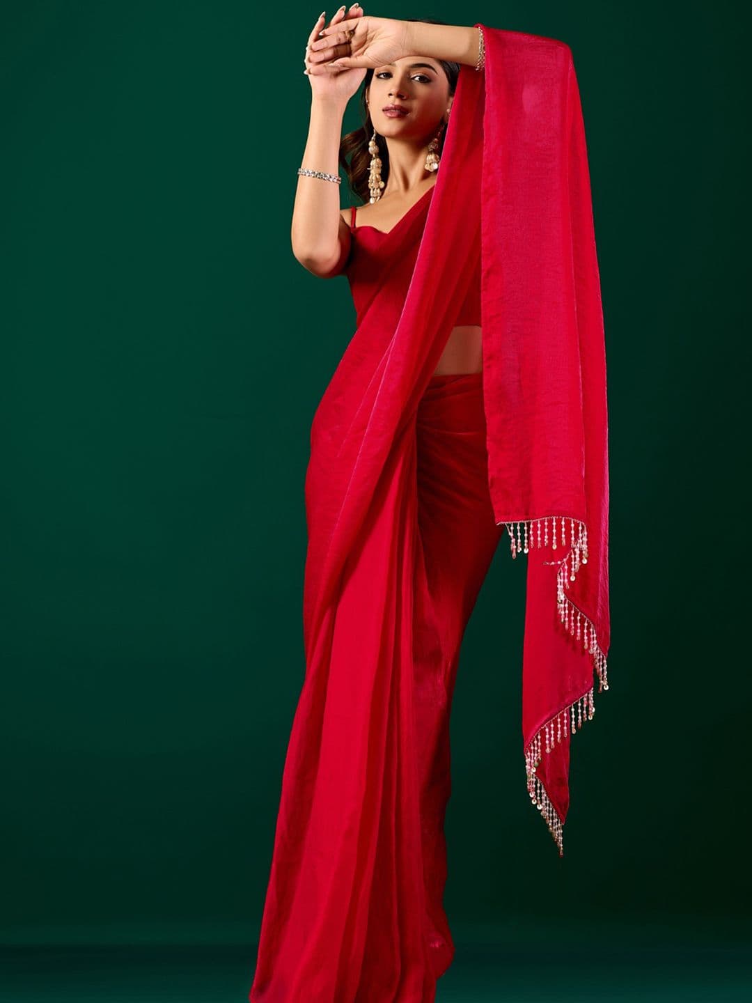house of kk Embellished Beads and Stones Satin Designer Saree - view 1