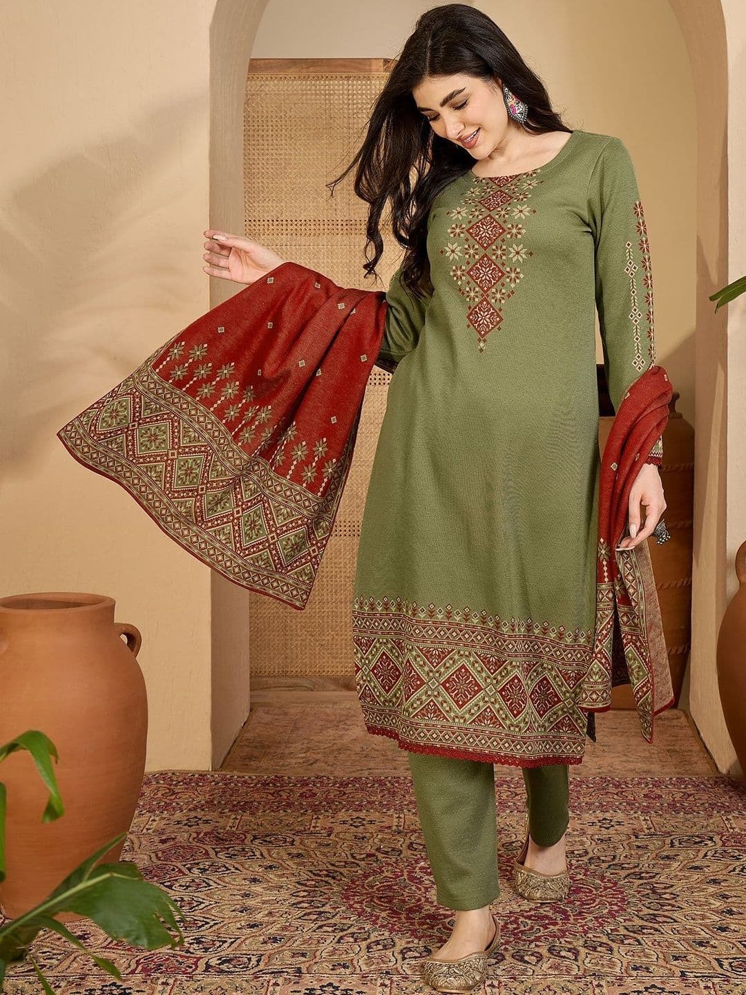 Sangria Ethnic Motifs Winter Pashmina Woven Design Straight Kurta With Trouser & Dupatta - view 1