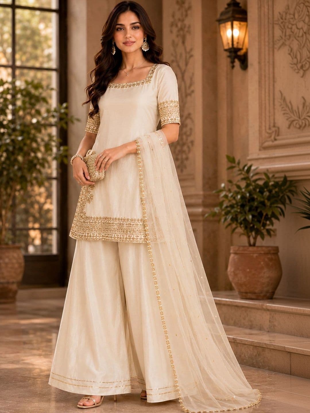 Sangria Women Ethnic Motifs Embroidered Regular Kurta with Palazzos & With Dupatta thumbnail 3