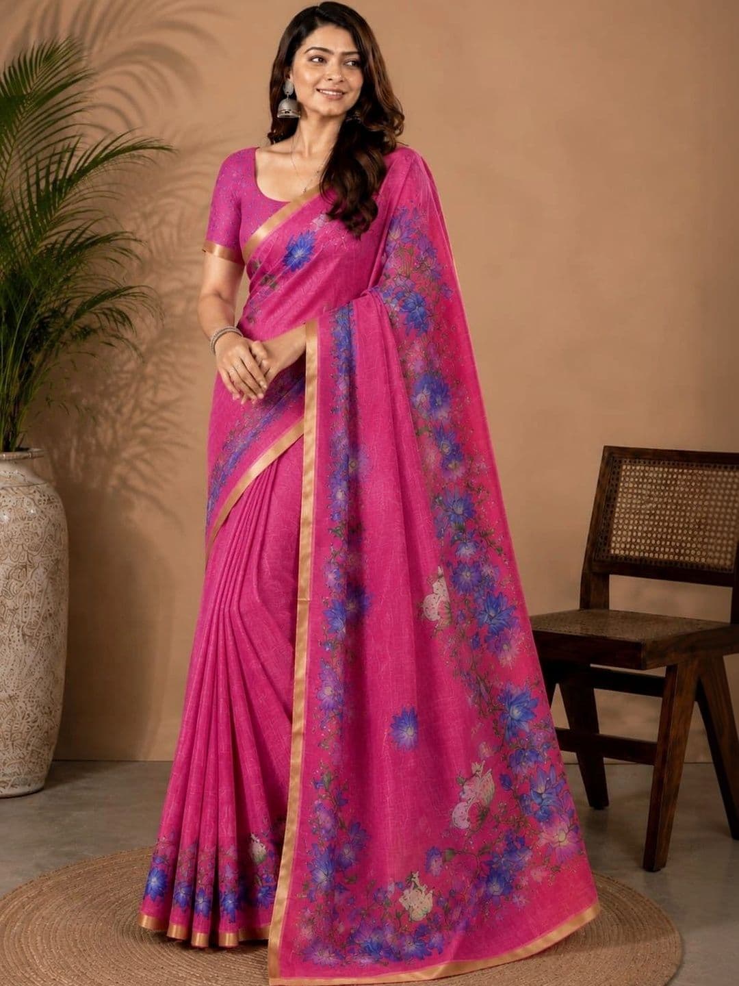 SHRIJAMYAHAM Floral Linen Blend Saree - view 1