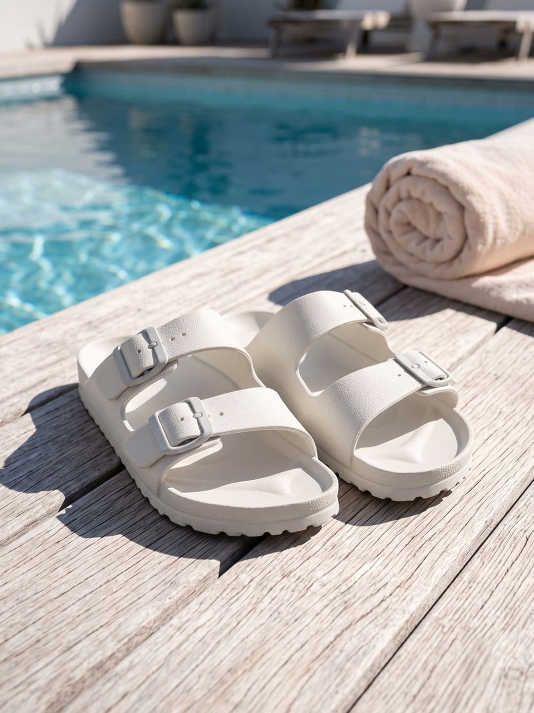 HRX by Hrithik Roshan Men White Two Strap Rubber Sliders With Buckle Detail - view 1