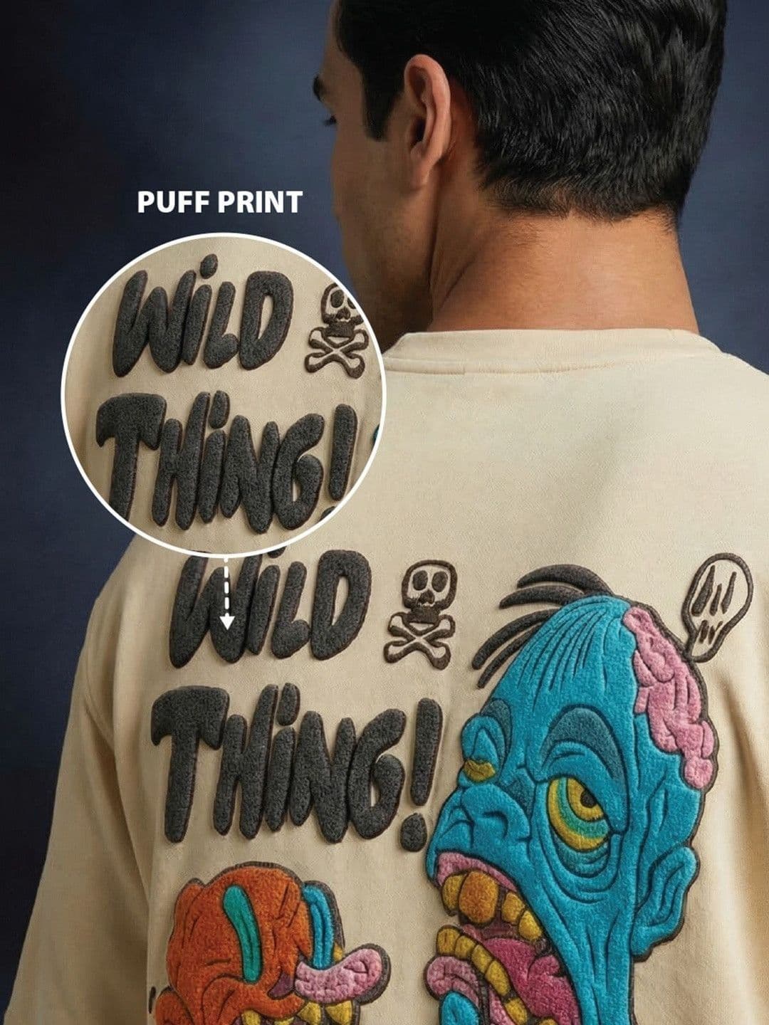 VEIRDO Men Puff Printed Drop-Shoulder Sleeves Pure Cotton Applique T-shirt thumbnail 4
