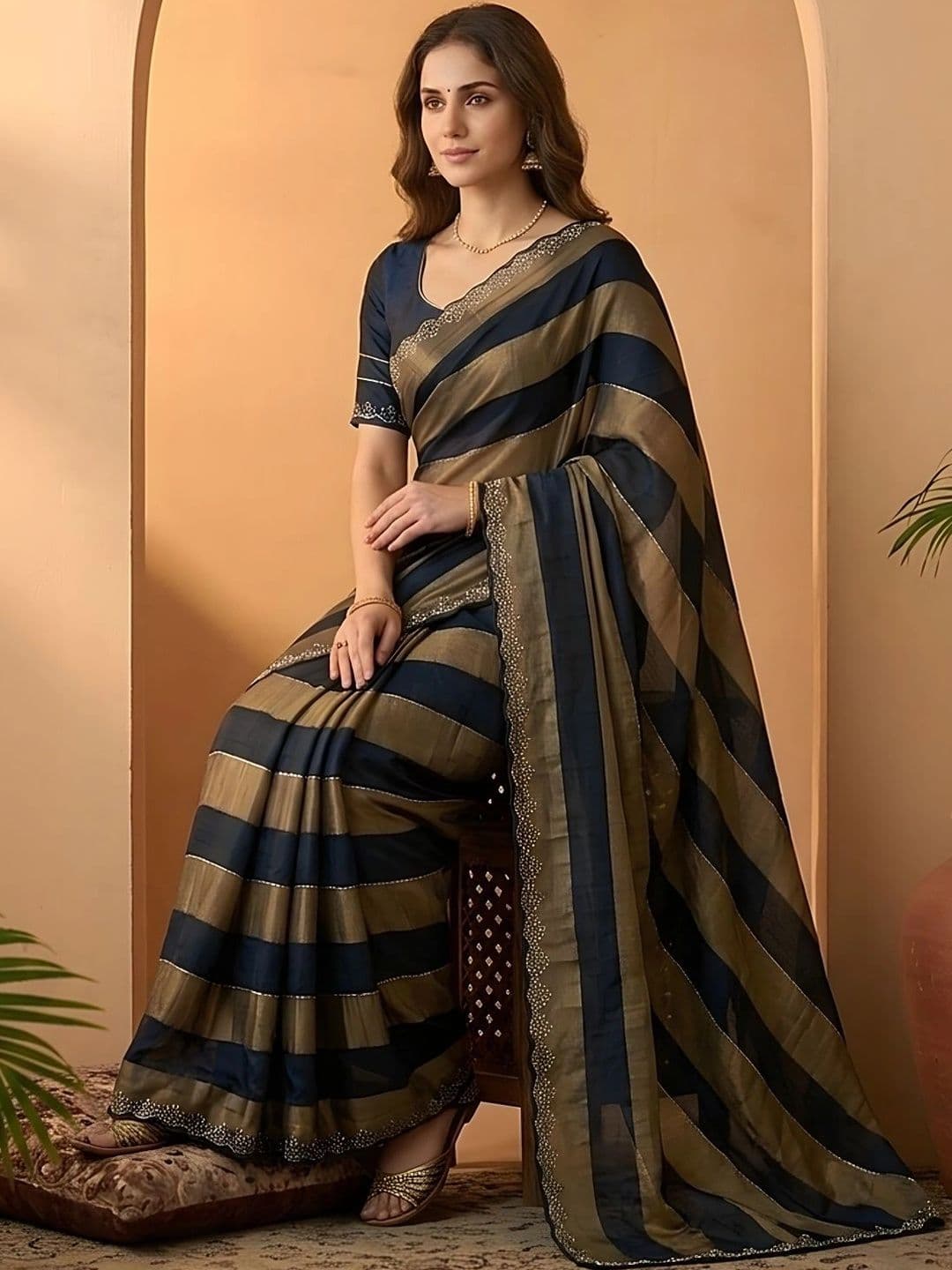 Mitera Striped Embroidered Silk Blend Fusion Saree thumbnail 2