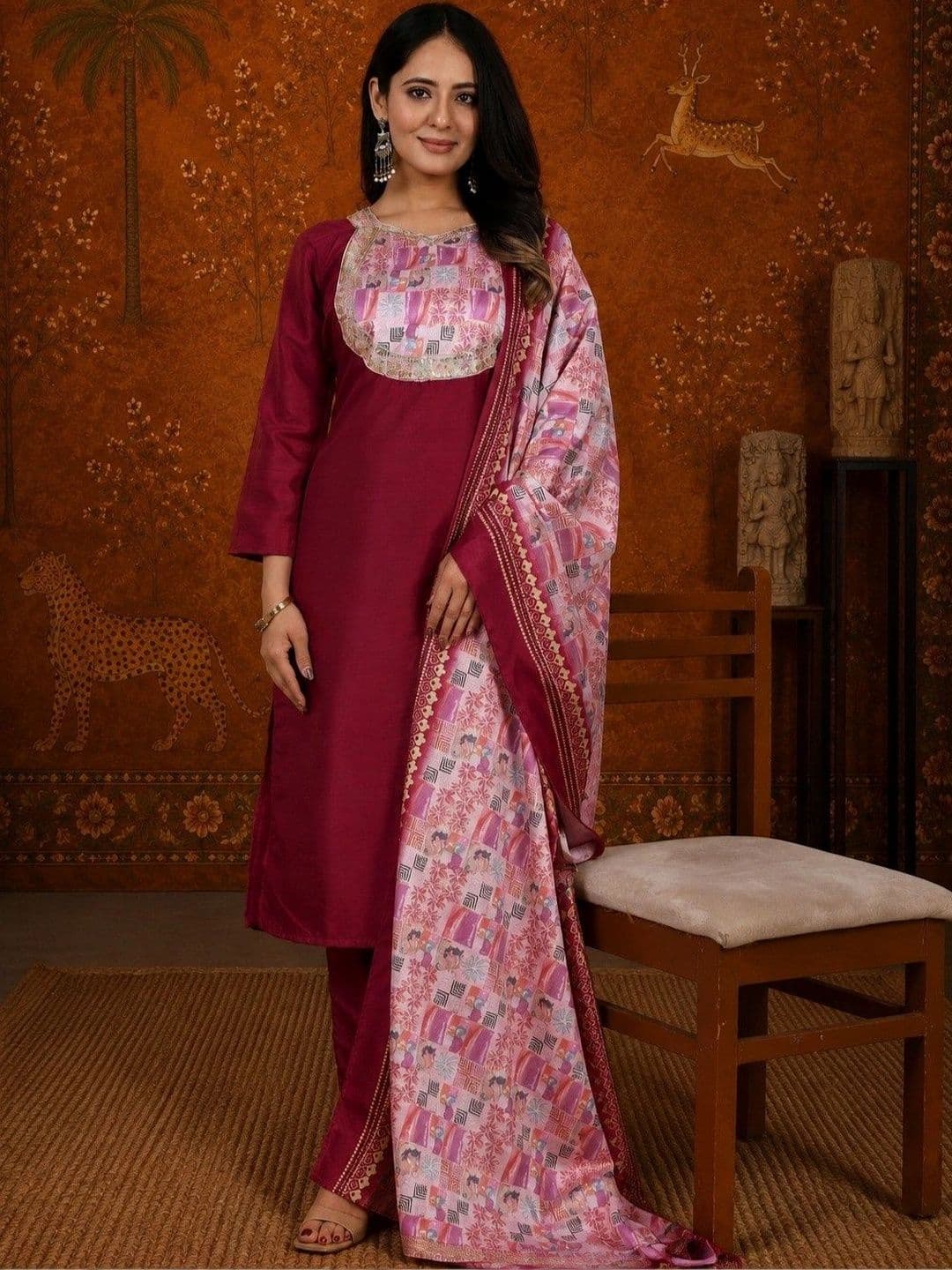 Sangria Women Ethnic Motifs Embroidered Regular Kurta with Trousers & With Dupatta thumbnail 4