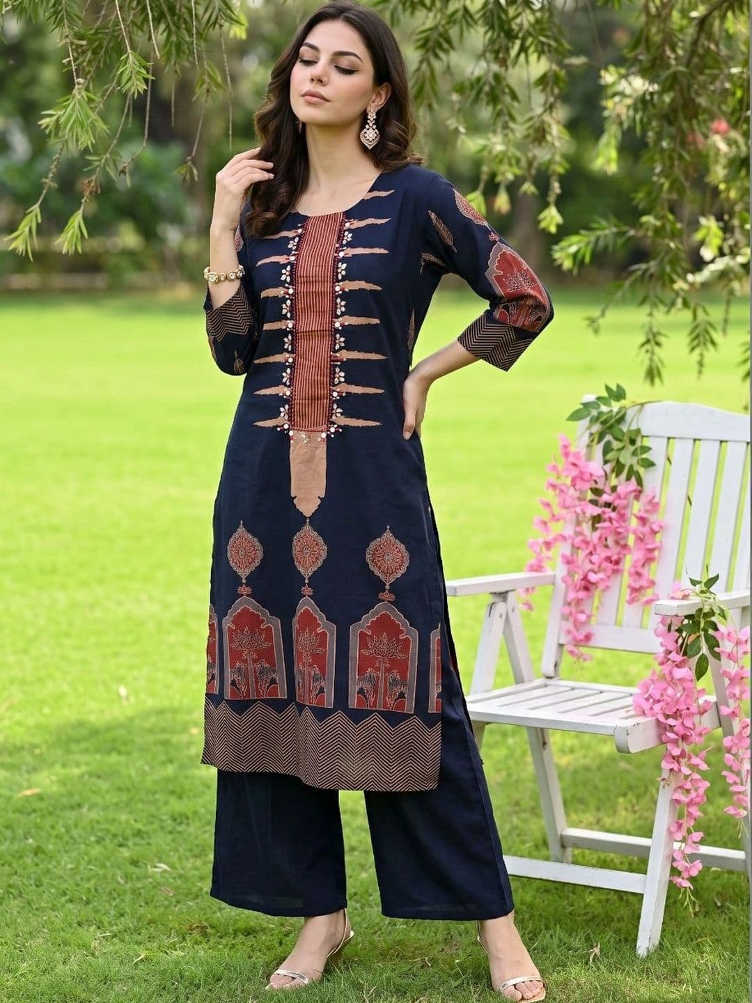 KALINI Women Ethnic Motifs Printed Regular Thread Work Pure Cotton Kurta with Palazzos & With Dupatta thumbnail 5