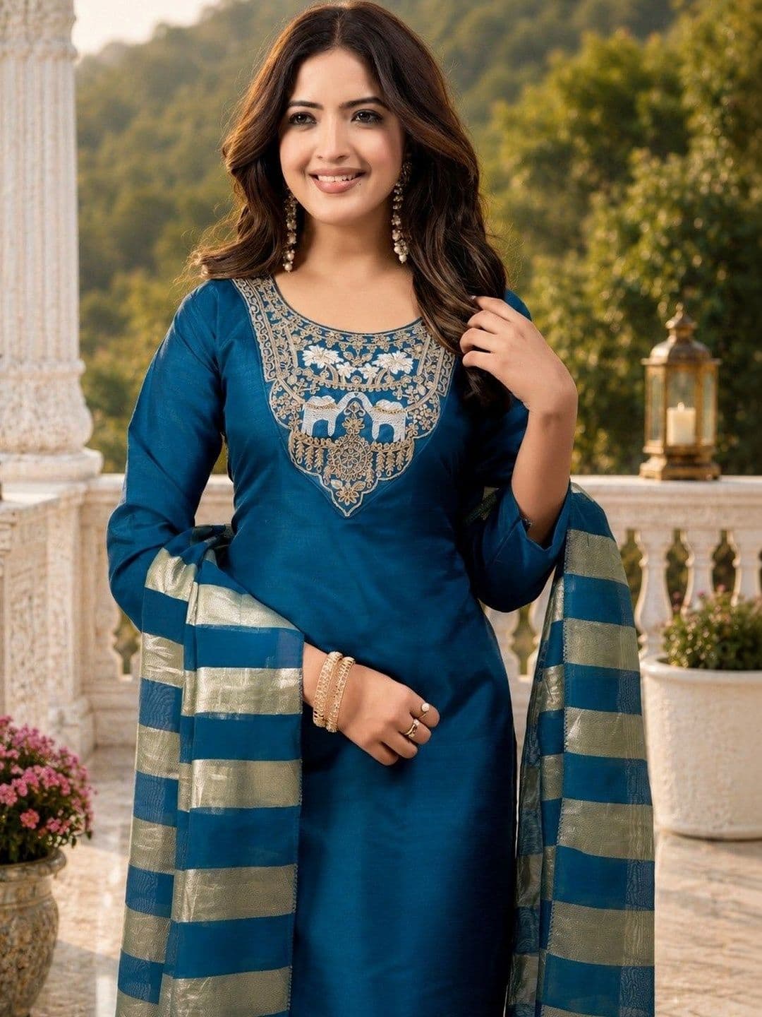 Chandbaali Women Ethnic Motifs Embroidered Regular Thread Work Kurta with Trousers & With Dupatta thumbnail 3