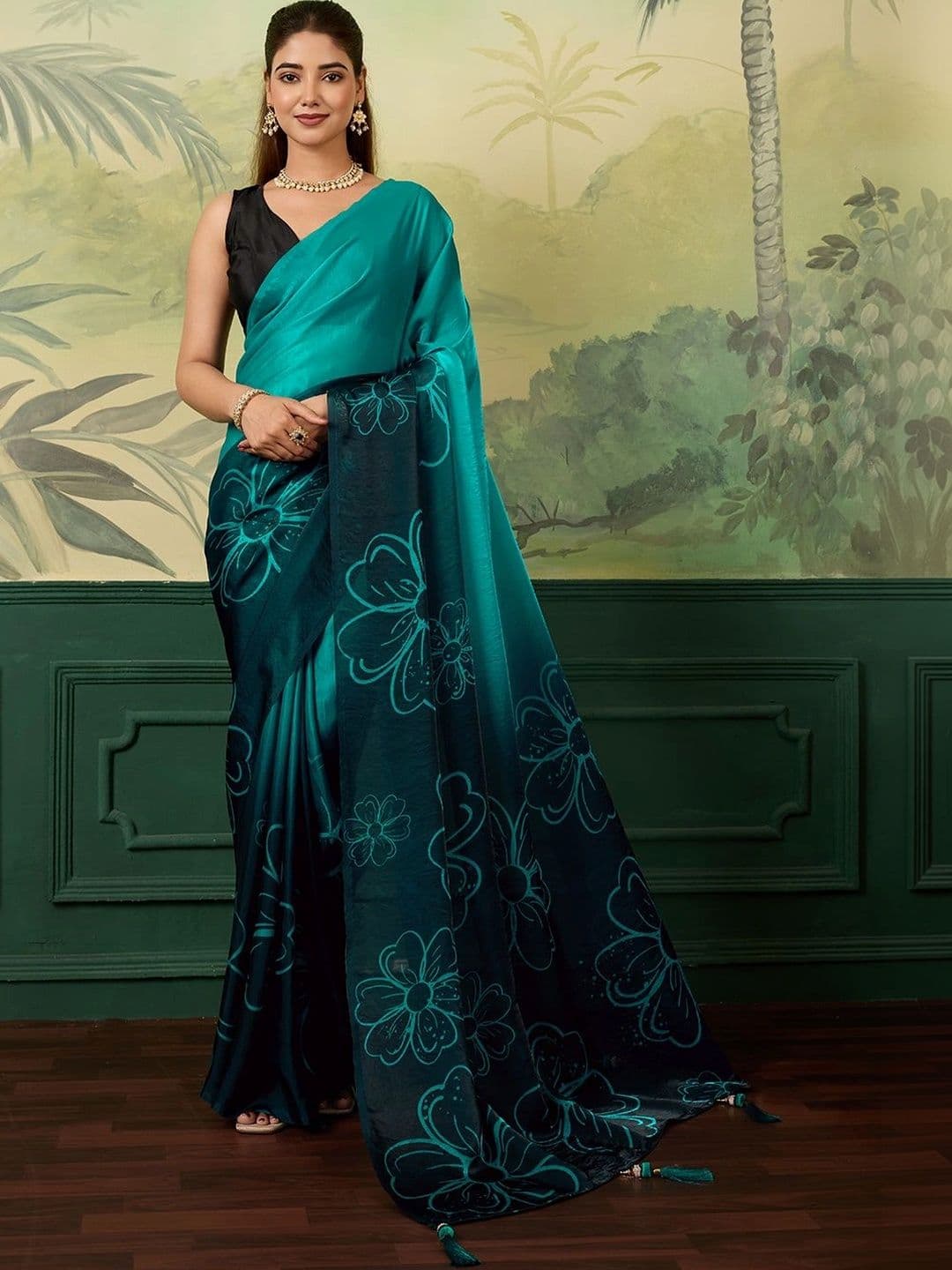 Anouk Floral Satin Designer Saree - view 1