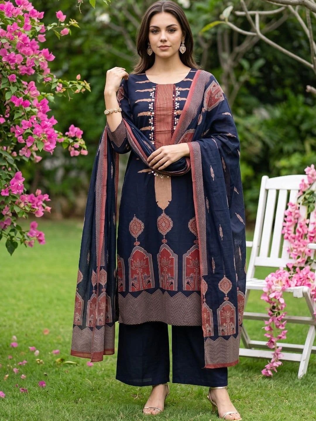 KALINI Women Ethnic Motifs Printed Regular Thread Work Pure Cotton Kurta with Palazzos & With Dupatta - view 1