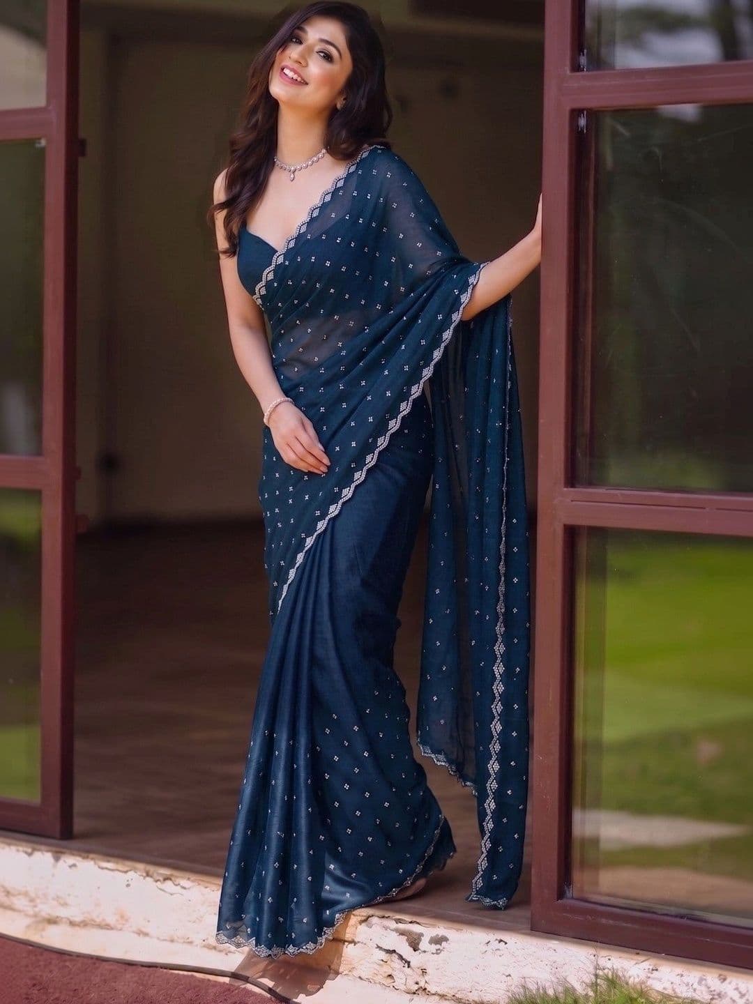 BHOJAL CREATION Embellished Beads and Stones Silk Blend Heavy Work Saree thumbnail 5