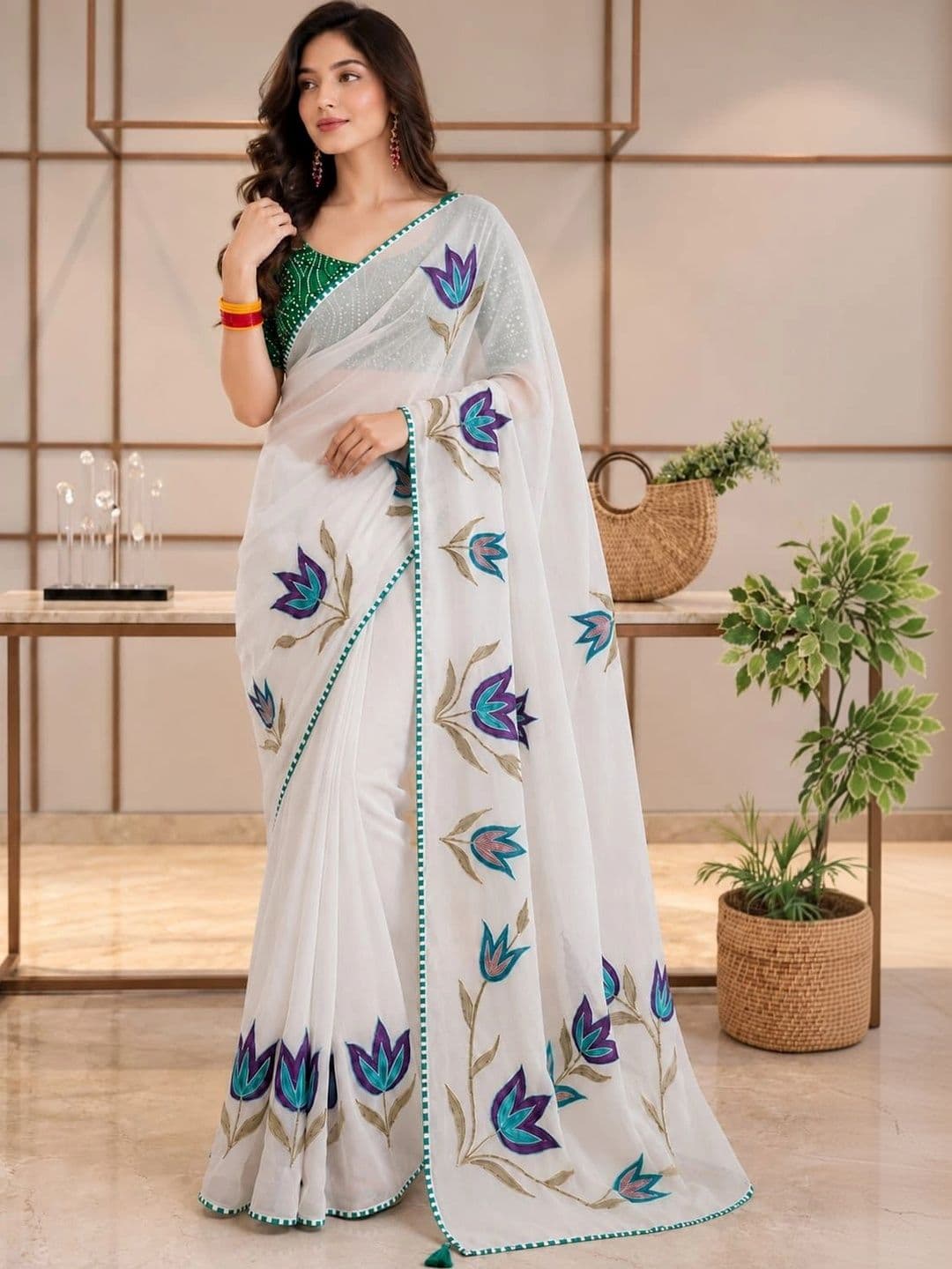 SHRIJAMYAHAM Floral Embroidered Poly Georgette Saree - view 1