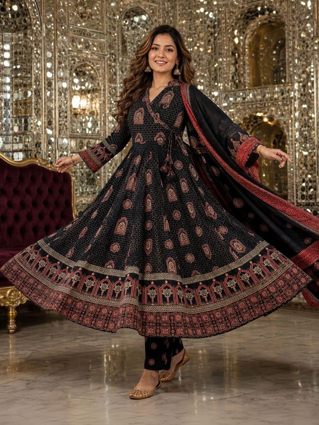 Berrylicious Women Ethnic Motifs Printed Angrakha Pure Cotton Kurta with Trousers & With Dupatta - view 1