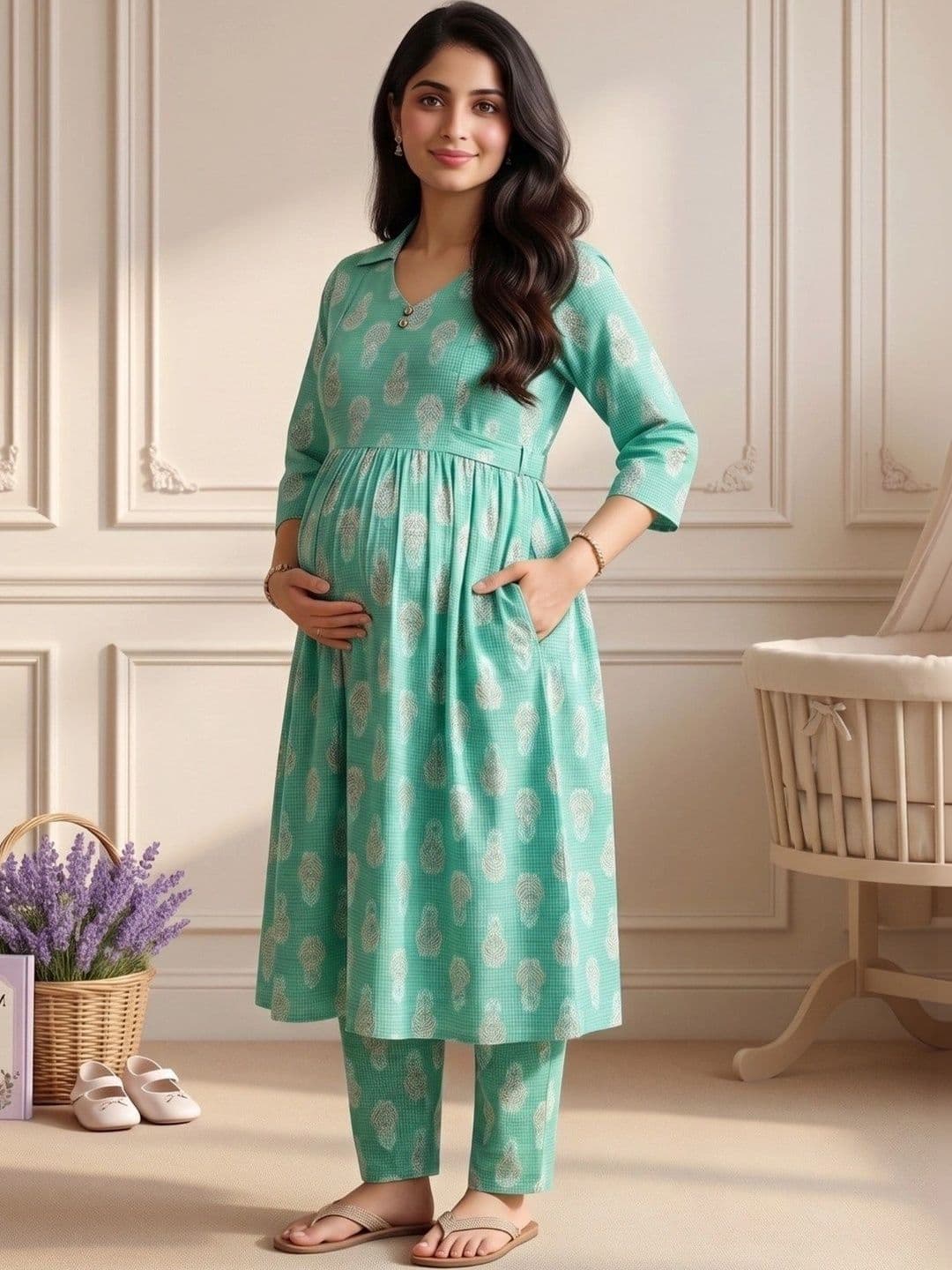 DUMMY SHAPE Women Floral Maternity Kurta with Trousers thumbnail 4