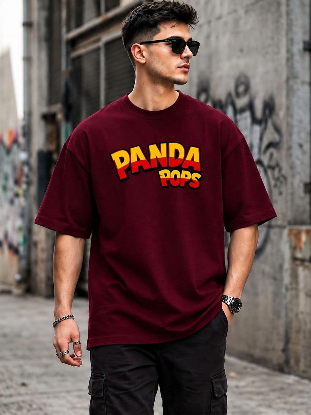 PANDA POPS Men Printed Drop-Shoulder Sleeves T-shirt thumbnail 3