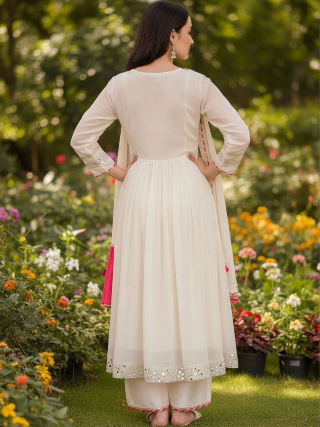 HERE&NOW Women Floral Embroidered Empire Mirror Work Kurta with Palazzos & With Dupatta thumbnail 3