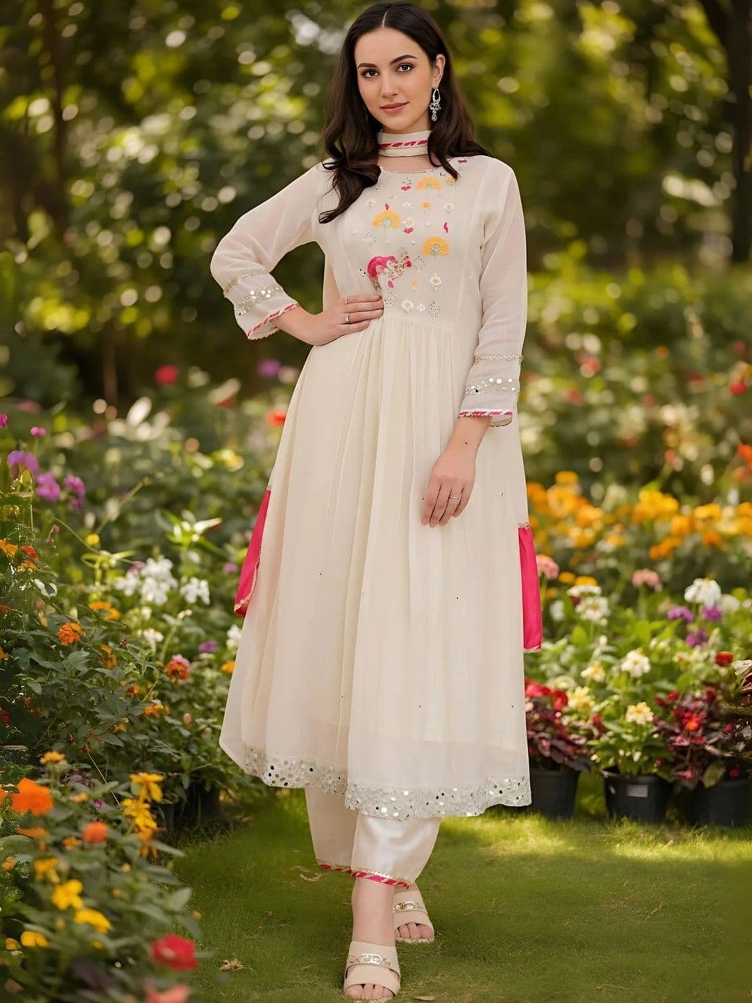 HERE&NOW Women Floral Embroidered Empire Mirror Work Kurta with Palazzos & With Dupatta - view 1