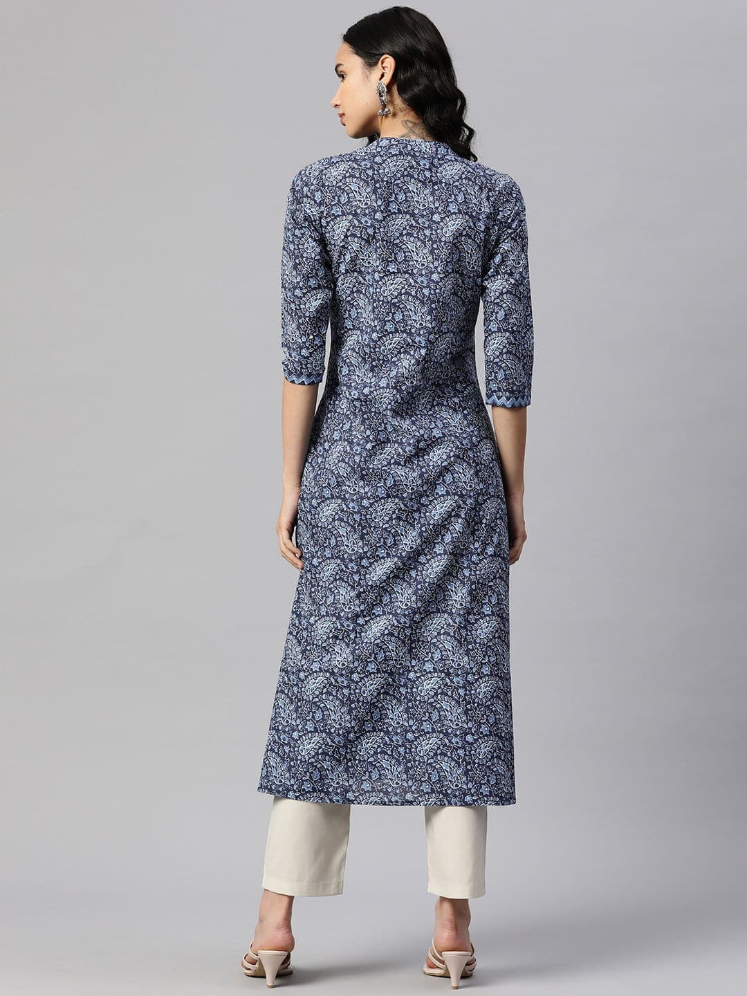 Vbuyz Womens Blue Cotton A-Line Printed Ethnic Kurti with Hand Work 3/4 Sleeves and V-Neck thumbnail 2