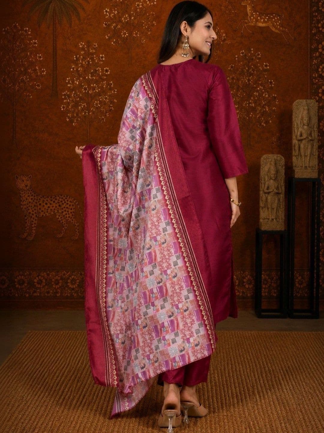 Sangria Women Ethnic Motifs Embroidered Regular Kurta with Trousers & With Dupatta thumbnail 3