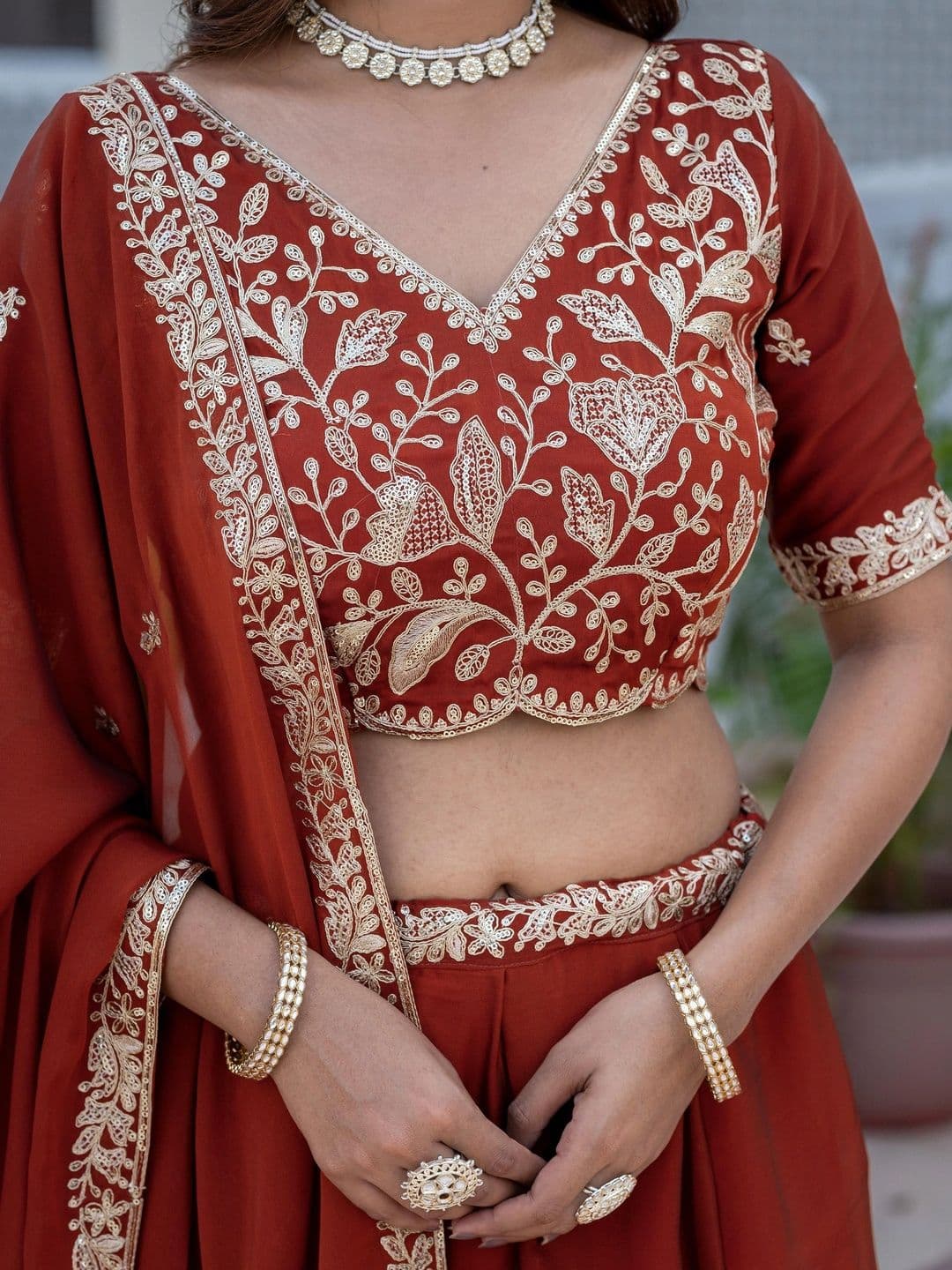 IVARIS Embellished Thread Work Ready to Wear Lehenga & Unstitched Blouse With Dupatta thumbnail 4