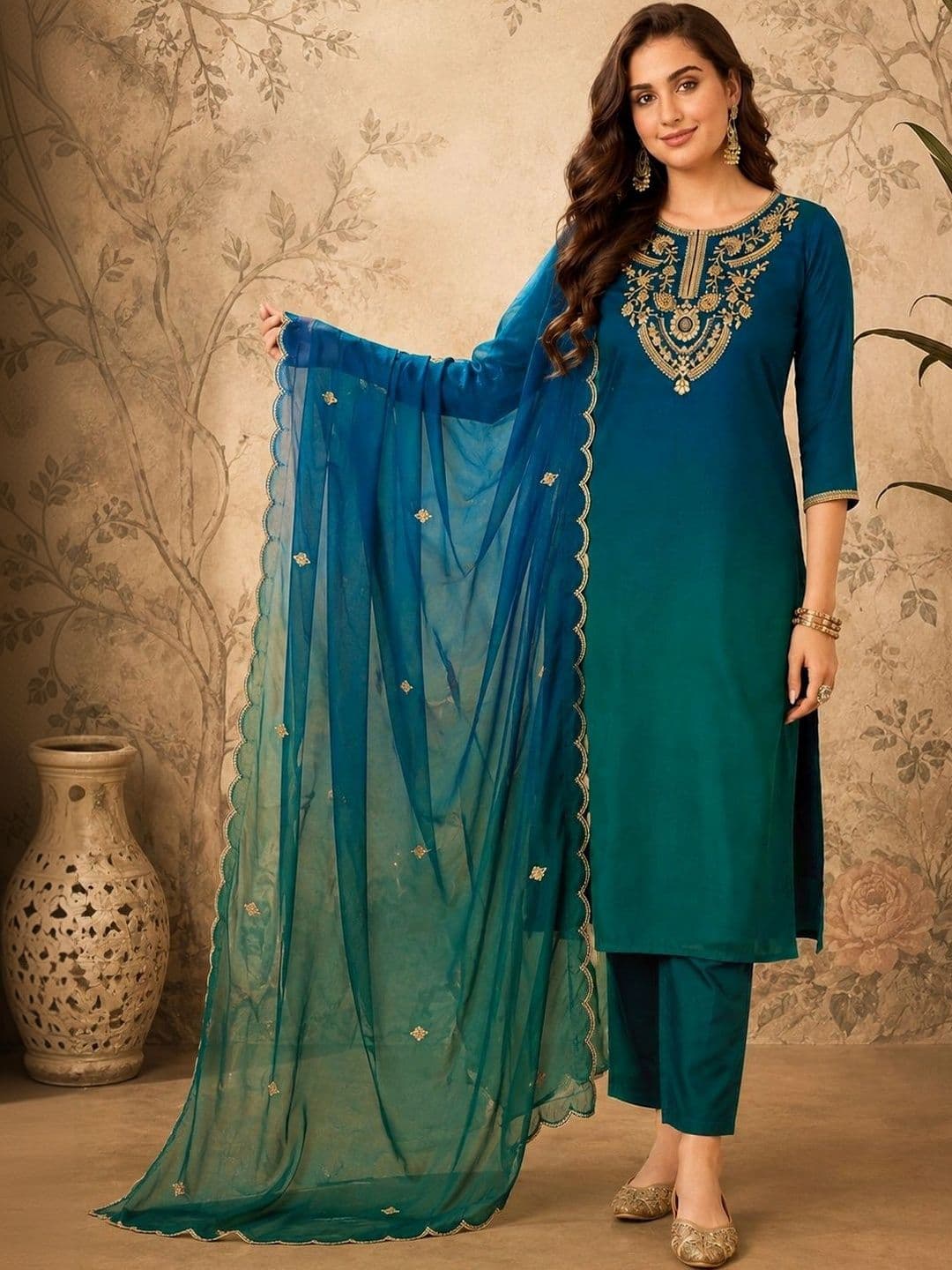 Sangria Women Ethnic Motifs Embroidered Regular Kurta with Trousers & With Dupatta - view 1