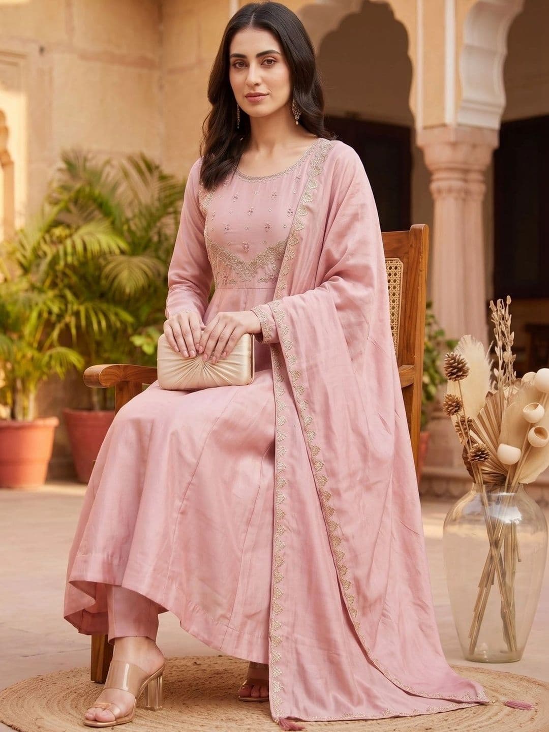KALINI Women Ethnic Motifs Embroidered Empire Kurta with Trousers & With Dupatta thumbnail 4