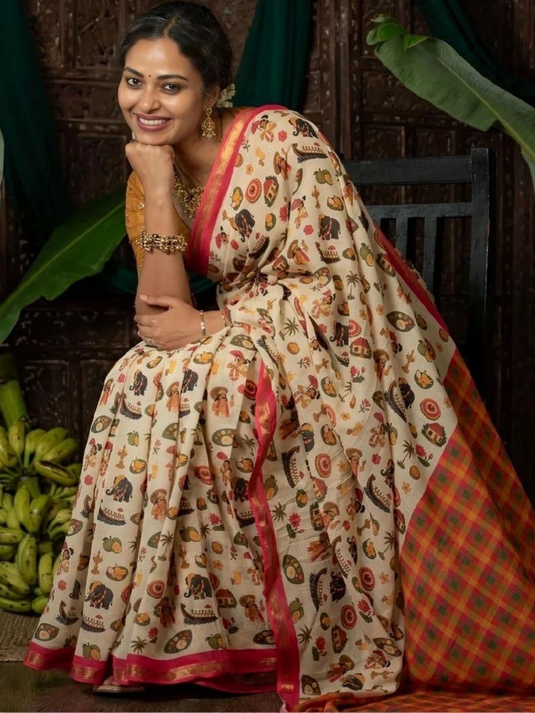 Sakhi Ethnic Wear Kalamkari Linen Blend Fusion Saree thumbnail 4