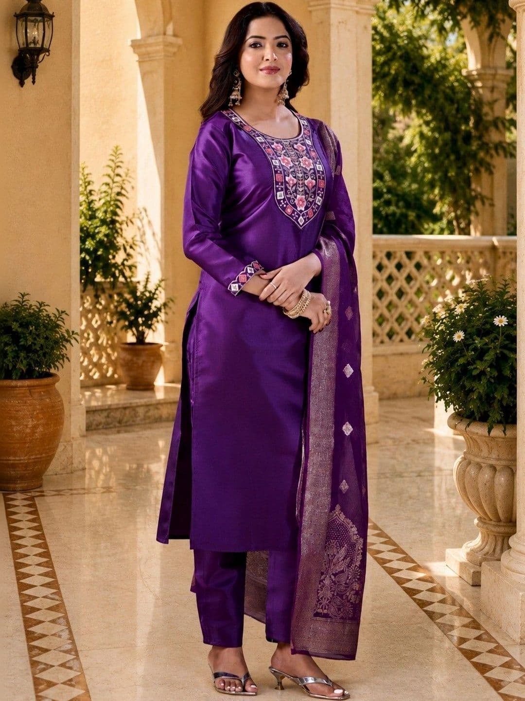 Klotden Women Ethnic Motifs Embroidered Regular Thread Work Kurta with Trousers & With Dupatta thumbnail 4