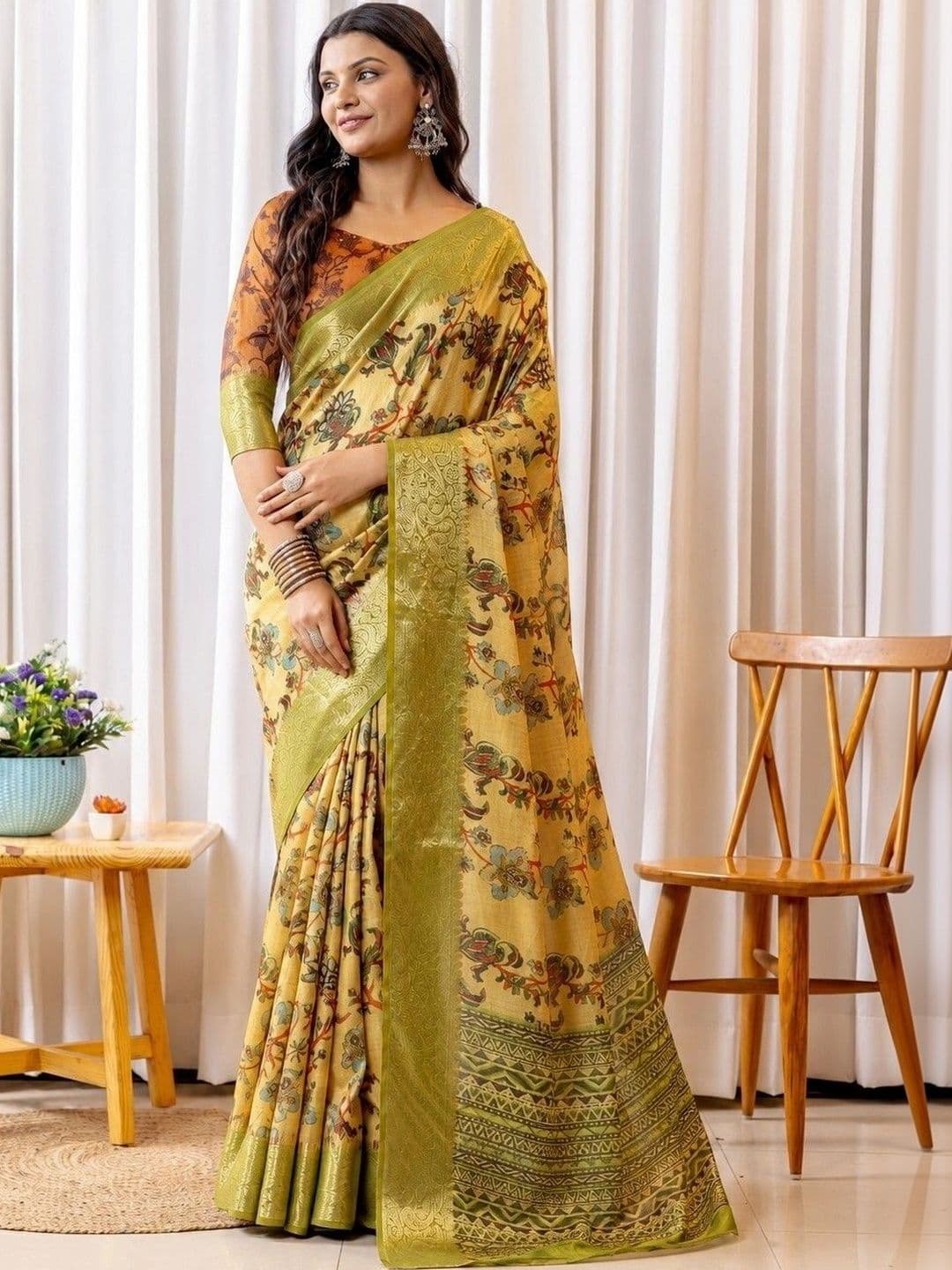 Sampada india Kalamkari Zari Silk Blend Saree thumbnail 4