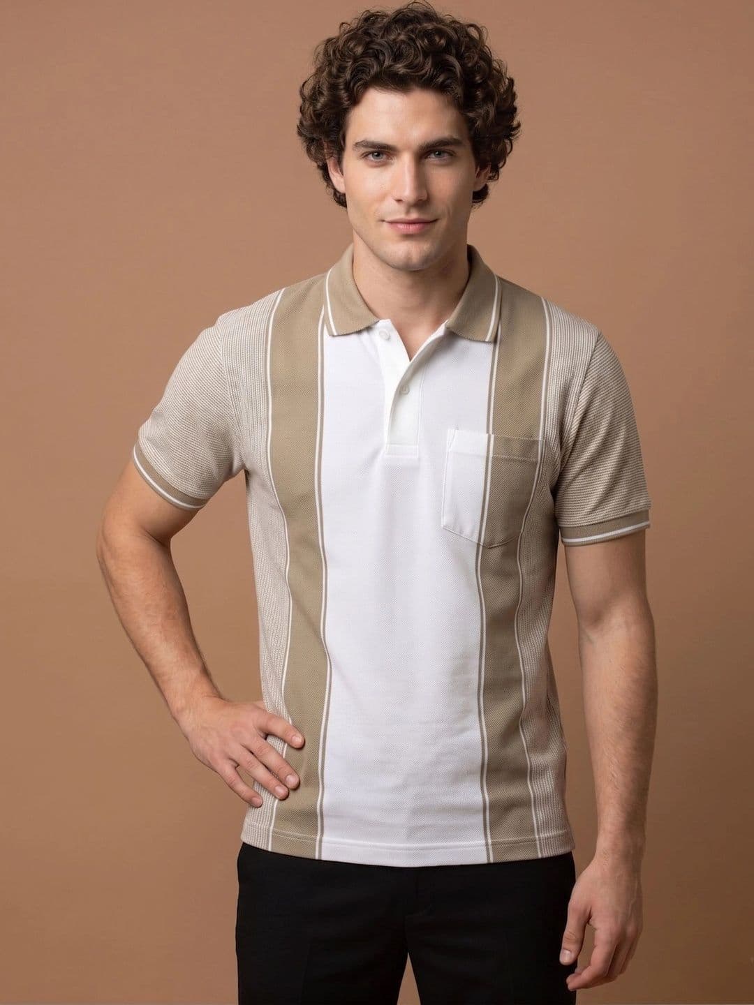 Roadster Men Striped Polo Collar Monochrome Pockets T-shirt - view 1