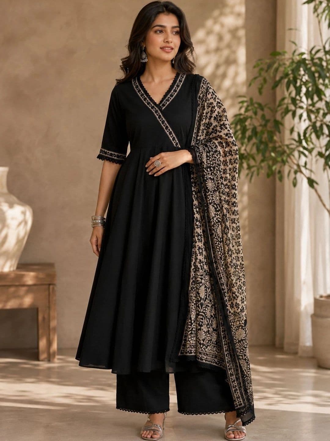 Sangria Women Ethnic Motifs Angrakha Chikankari Kurta with Palazzos & With Dupatta - view 1