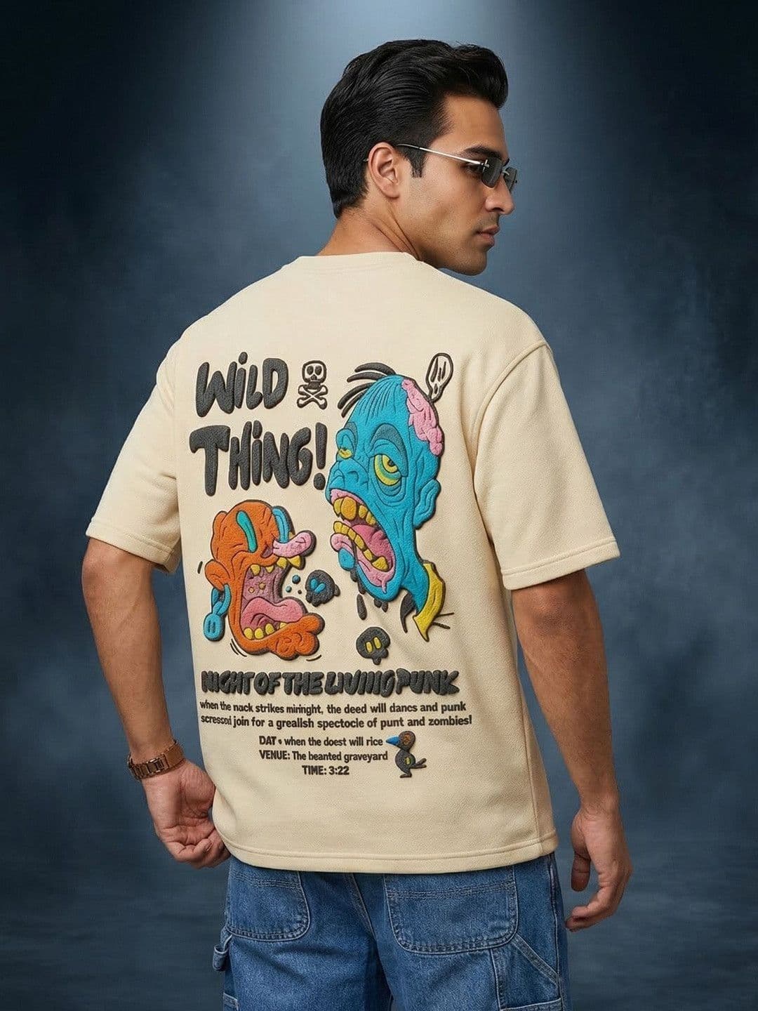 VEIRDO Men Puff Printed Drop-Shoulder Sleeves Pure Cotton Applique T-shirt - view 1
