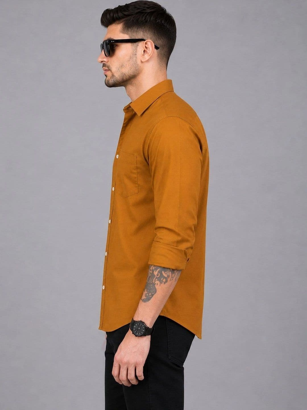 Roadster Men Mustard Solid Regular Fit Spread Collor Casual Shirt thumbnail 2