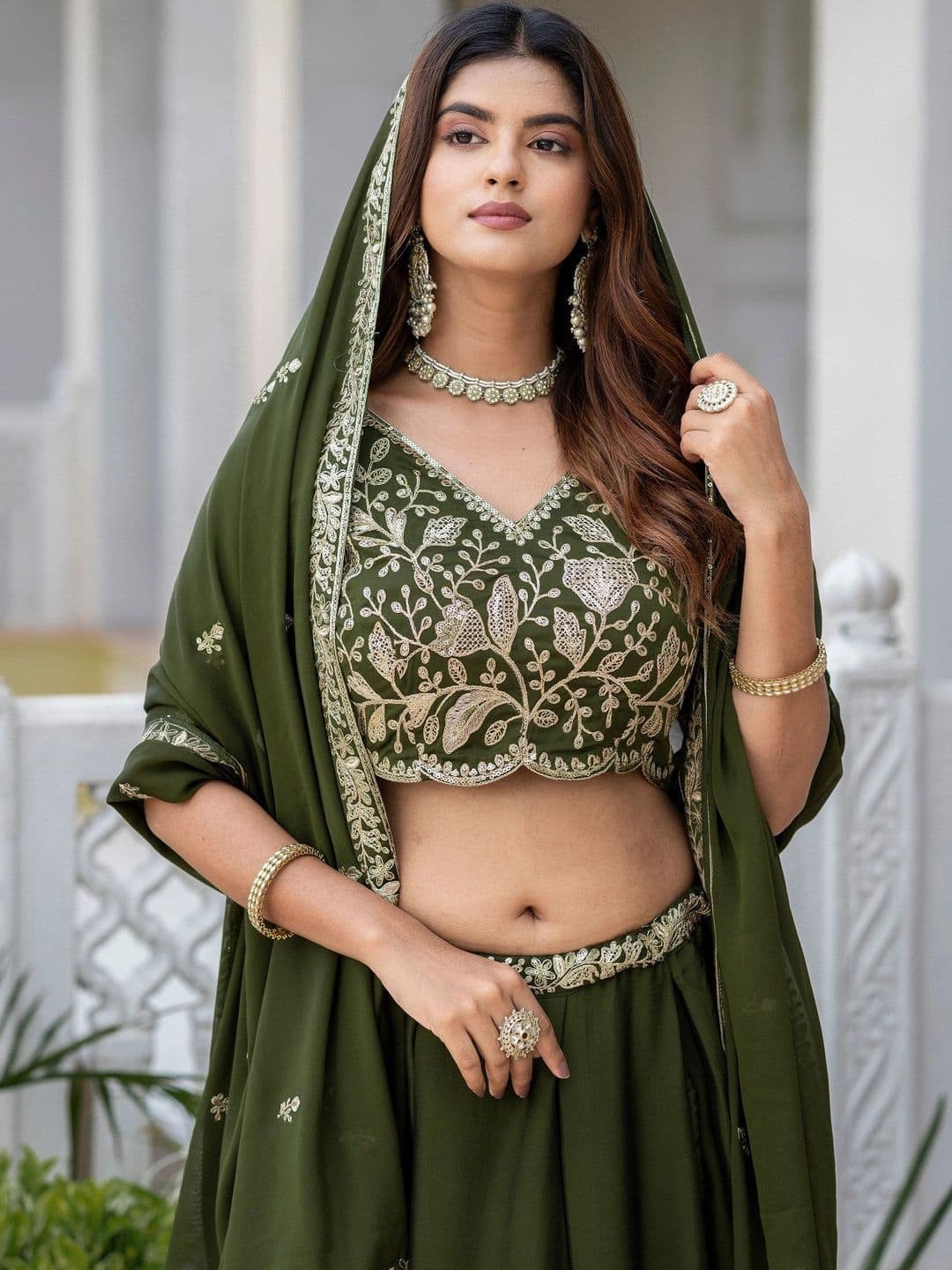 IVARIS Embroidered Sequinned Ready to Wear Lehenga & Unstitched Blouse With Dupatta thumbnail 2