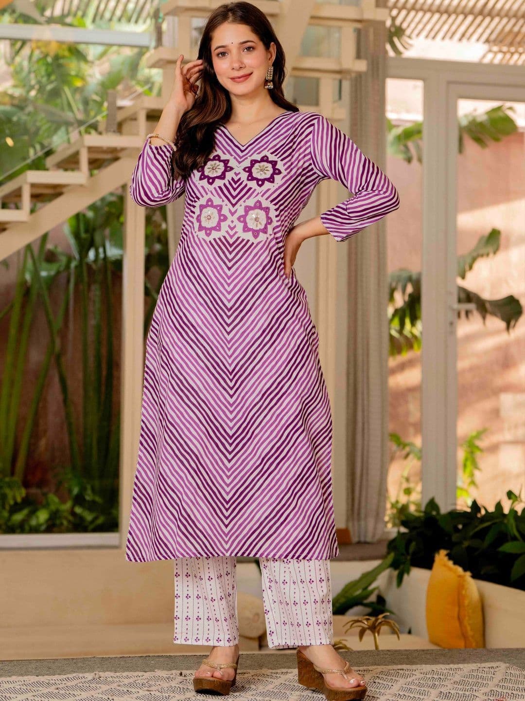 JAIPUR SARAI Women Ethnic Motifs Striped Regular Sequinned Pure Cotton Kurta with Trousers & With Dupatta thumbnail 3