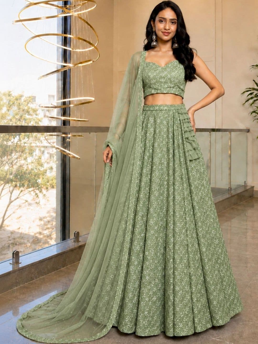 HOUSE OF JAMOTI Embroidered Thread Work Ready to Wear Lehenga & Blouse With Dupatta thumbnail 2