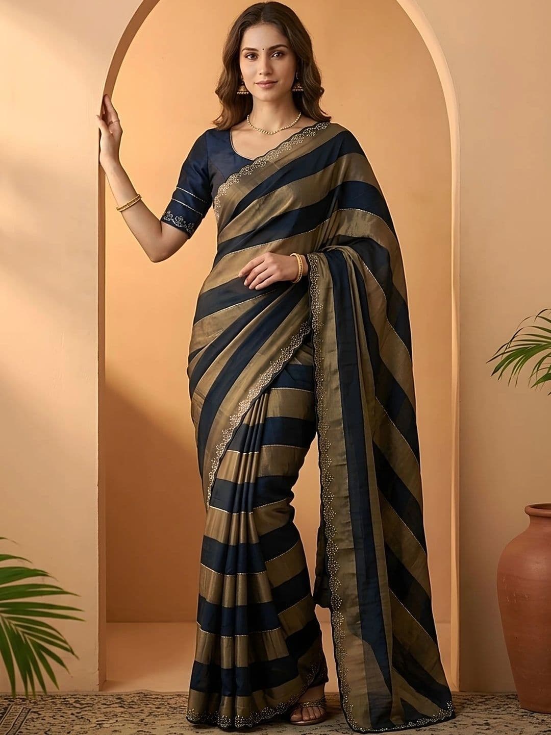 Mitera Striped Embroidered Silk Blend Fusion Saree thumbnail 4