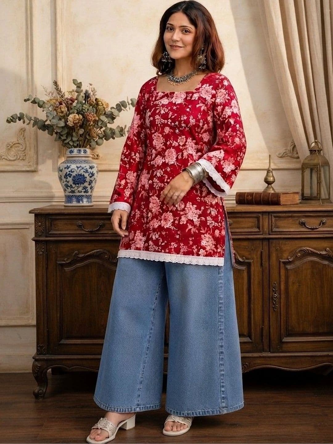 Sangria Floral Printed Square Neck Flared Sleeves Pure Cotton Kurti - view 1