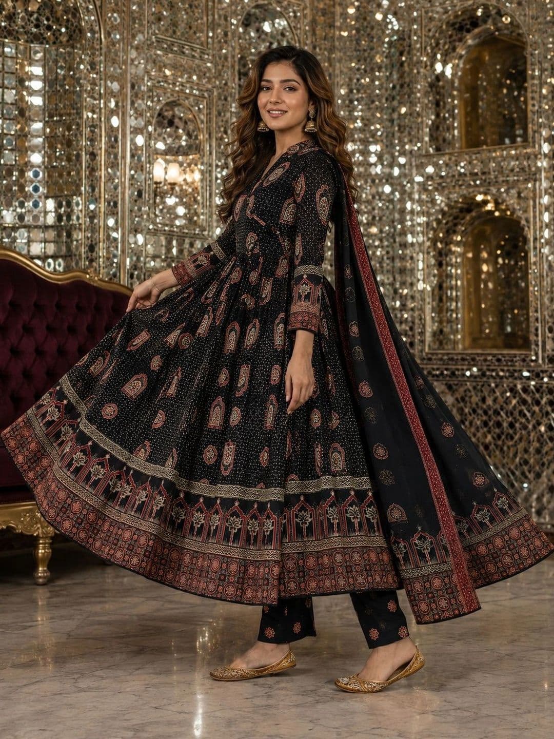 Berrylicious Women Ethnic Motifs Printed Angrakha Pure Cotton Kurta with Trousers & With Dupatta thumbnail 2